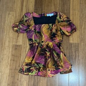 Tuckernuck Purple and Gold Puff Sleeve Peplum Blouse